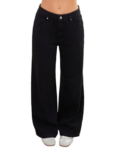 Wanduyini Adjustable Waist Straight Leg Jeans for Women Y2K Baggy Jeans with Snap-Button Mid Low Rise Denim Pants (Black,L)
