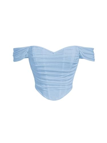 Floerns Women's Off Shoulder Short Sleeve Asymmetrical Hem Ruched Corset Crop Top Light Blue Medium