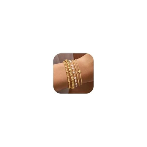 Best Gold Bracelets for Women #4 from Yoosteel Yoosteel Gold Beaded Bracelets Set for Women Teen Girls - 14k Gold-Plated Dainty Tiny Round Bead Cross Pearl Bracelet for Women Teenage Girl Gifts Stackable Bracelet Christmas Stockings Gifts 5 PCS