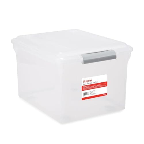 Staples Store & Slide Hanging File Box, Latch Lid, Letter/Legal Size, Clear