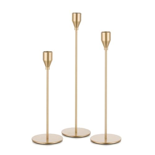 Candeldo Gold Taper Candle Holders: Tall Candlestick Holder for Table Centerpiece Set of 3 Metal Brass Candles Stick Holders Stand Brushed Wedding Decor