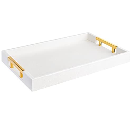 Home Redefined Modern Elegant 18"x12" Rectangle Glossy Faux Leather Shagreen White Decorative Tray Ottoman Tray Coffee Table Tray Perfume Tray Serving Tray with Gold Polished Metal Handles