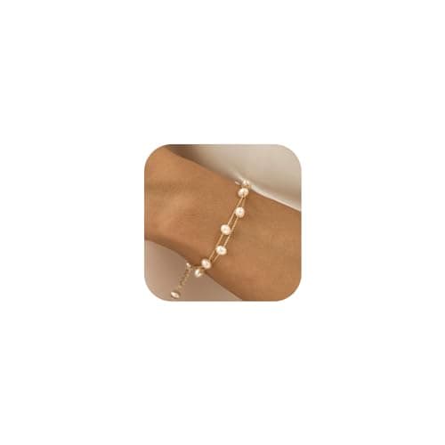 BERISO Gold Pearl Bracelets for Women,14K Gold Plated Bracelets Dainty Pearls Beaded Chain Heart Pearl Bracelets Jewelry