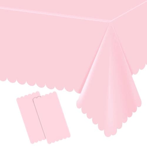 Ohkishly 2 Pack Plastic Pink Tablecloths for Rectangle Tables,Disposable Scalloped Edge Table Cloth Waterproof Pink Table Cover for Birthday Bridal Wedding Baby Shower, 54 X 108Inch