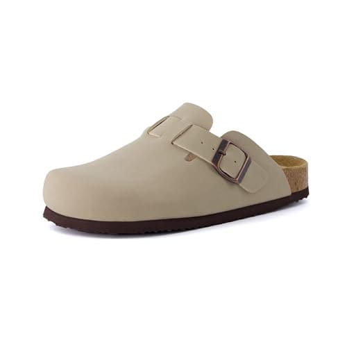 CUSHIONAIRE Hana Slip-On Buckle Clog with Cork Footbed +Memory Foam, Suede Clogs for Women, Stone 7.5