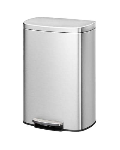 Garvee 13 gal / 50 L Stainless Steel Kitchen Trash Can with Lid, Large Rustproof Garbage Can for Kitchen, Step-on Metal Trash Bin with Inner Bucket, Rear Handle, Soft Close Lid, Silver