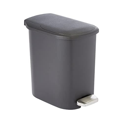 Amazon Basics Compact Plastic Bathroom Trash Can with Hands Free Foot Pedal, Quiet Close Step-On, 6 Liters, Black, Lid Included