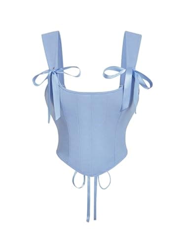 SHENHE Women's Bow Tie Lace Up Vintage Corset Bustier Backless Fitted Sleeveless Crop Tops Blue Small