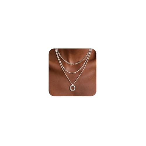 Cuzmly Layered Silver Necklaces for Women, 925 Sterling Silver Stackable Choker Necklaces for Women Trendy Layering Circle Pendant Chain Necklace Set Jewelry Gifts for Women Teen Girls, Brass, No