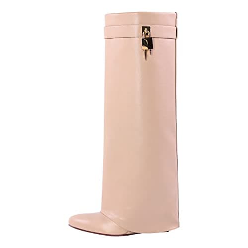 MissHeel Padlock Boots for Women Kne High Shark Boots Wide Calf Wedge Fold Over Platform Boots Nude Size 11