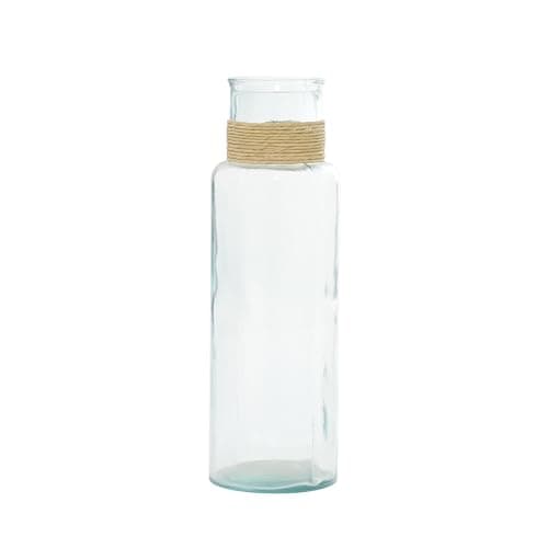 Deco 79 Recycled Glass Handmade Spanish Vase with Wrapped Rattan Neck Detail, 6" x 6" x 18", Clear