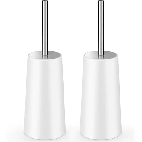 Toilet Brush and Holder, 2 Pack Toilet Brush with 304 Stainless Steel Long Handle, Toilet Bowl Brush for Bathroom Toilet-Ergonomic, Elegant,Durable (White)