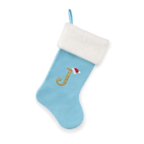 AUAWMLK 20-Inch Letter Embroidered Christmas Stocking Thick and Luxurious Light Blue Velvet with Super Soft Plush Cuff Personalized Festival Decoration for Xmas and New Year Party(Letter J)
