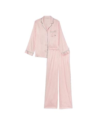 Victoria's Secret Satin Pajama Set, Long Sleeve Button Down & Pant Set, Sleepwear for Women, Pink Iconic Stripe (S)