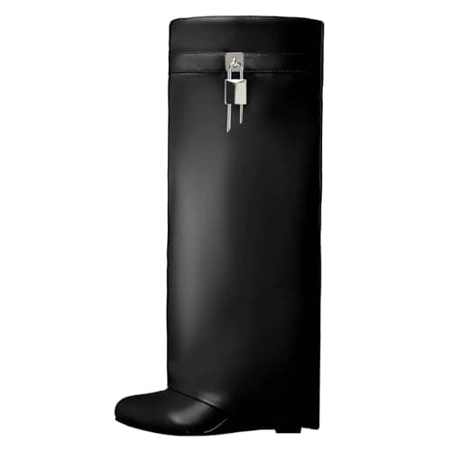 Yishaweiqi Fold Over Boots Wide-calf Wedge Heel Knee High Boot With Decorative Silver Lock Black