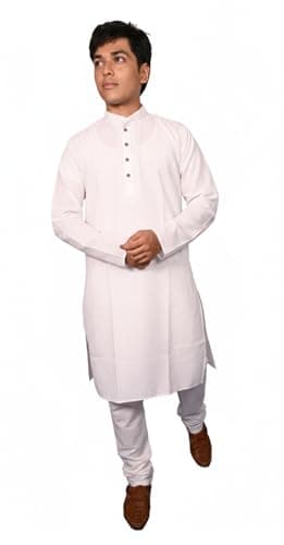 HOME ARCHIVE Men's Neck Embroidery Cotton Solid Indian Kurta Pajama Set Mandarin Collar Casual Fashion Gift for Men (US, Alpha, Medium, Regular, Regular, White)