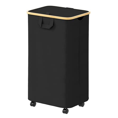 SpaceAid Laundry Hamper with Wheels and Lid, 26 Gal (100L) Rolling Clothes Basket with Bamboo Handle, Large Laundry Hamper for Bedroom, Bathroom, Dorm, Laundry Room - Black