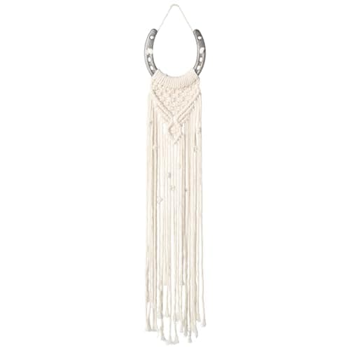 W Wellshine Macrame Equestrian Wall Hanging, Handmade Equestrian Themed Wall Art Decoration, Horseshoe Macrame Wall hanging, Boho Decor Horse Lover Décor (White B)