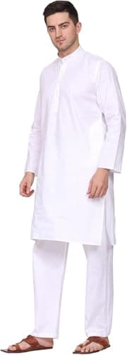 TOSQP27 Mens Cotton White Kurta Pajamas Gift Ethnic Wedding Grooms Outfit Long Sleeve