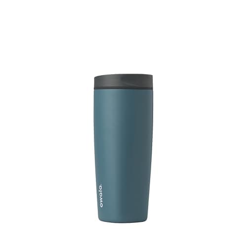 Owala SmoothSip Slider Insulated Stainless Steel Coffee Tumbler, Reusable Iced Coffee Cup, Hot Coffee Travel Mug, BPA Free 20 oz, Grey/Blue (High Dive)