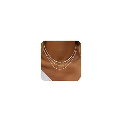 Freekiss Silver Herringbone Necklace for Women, Layered 925 Sterling Silver Necklace Simple Dainty Cuban Rope Snake Link Chain Necklace Set Chunky Choker Silver Jewelry for Women Gifts