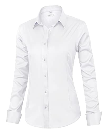 siliteelon Womens Classic-Fit Dress Shirts Long Sleeve Button Down Wrinkle-Free Stretch Solid Casual Work Office Blouse Top White Medium