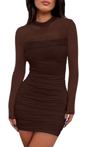 WIHOLL Women's Mesh Sheer Long Sleeve Ruched Mini Dress Fall Sexy Bodycon Little Short Mock Neck Date Night Cocktail Party Club Fall Dresses for Teachers 2025 Chocolate Brown S