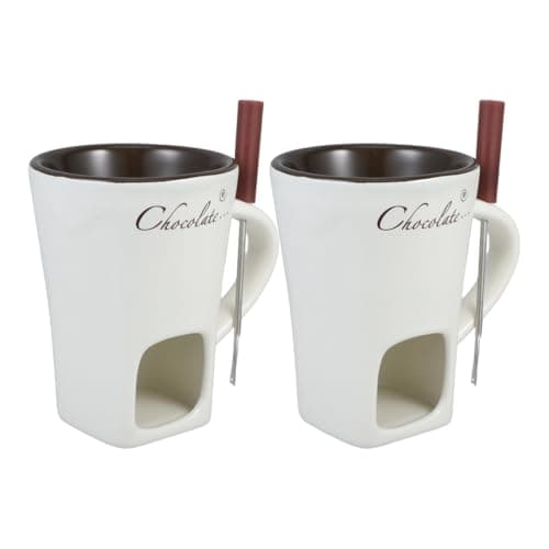 DECHOUS 2 Pack Fondue Pot Ceramic Chocolate Fondue Mug Set with 2 Forks Personal Fondue Mugs Melting Pot for Chocolate, Cheese, Butter, Suitable for Home Party Wedding