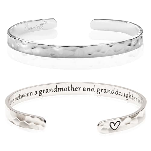 Carviell Grandma Granddaughter Bracelet – The Love Between a Grandmother and Granddaughter is Forever – Silver Stainless Steel Cuff, Birthday, Christmas, Mother’s Day Present