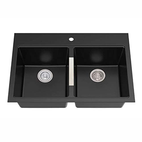 KRAUS Quarza 33-inch Drop-In/Undermount 50/50 Double Bowl Granite Kitchen Sink in Black Onyx, KGD-433B