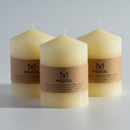 MOZEAL 3" x 4" Hand-Poured Unscented Ivory Pillar Candles,Dripless Candles Set of 3,Smokeless,Clean Burning,Approx 60 Hours Burn Time,Wedding,Dinner,Christmas and Home Decor（3 Inch Width Series）