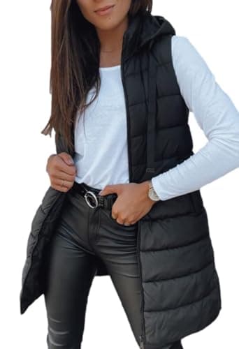 Veatzaer Women Long Vest Solid Color Sleeveless Hood Winter Puffer Vest Outwear