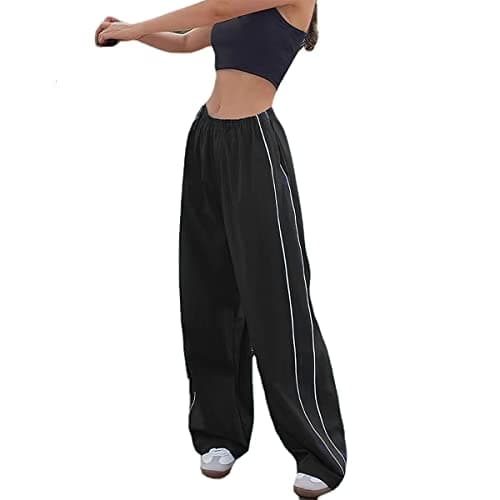 XPONNI Track Pants Women Baggy Y2k Parachute Pants for Women Y2K Clothing (Black, XS, X-Small)