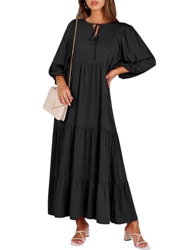 ANRABESS Womens Boho Maxi Dresses 2025 Summer V Neck Puff Sleeve Floral Flowy Swing Fall Casual Long Dress Black Medium