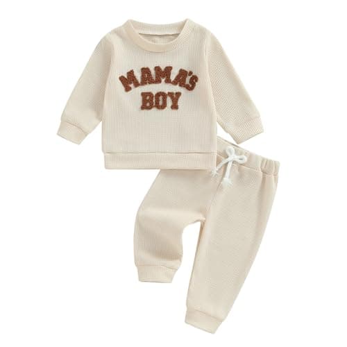 Kupretty Toddler Baby Boy Fall Winter Clothes Embroidery Waffle Knit Sweatshirt Pullover Tops + Casual Pants Outfit Set (Mama's boy-Beige, 0-6 Months)