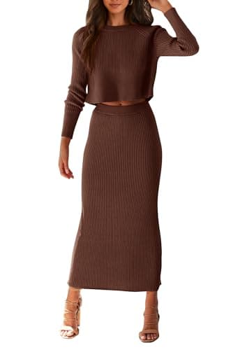 PRETTYGARDEN Women's Fall 2 Piece Sweater Set Rib Knit Long Sleeve Crop Top Maxi Bodycon Skirt Casual Winter Outfits (Coffee,Medium)