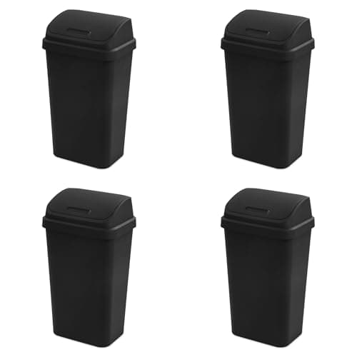 Sterilite 4-Pack Swing Top Wastebasket, Sleek Square Profile Trash Can, 13 Gallon, Black - Modern Garbage Bin for Kitchen, Bathroom, Garage and Workspace, Fits 13 Gal Liners