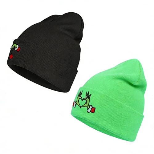 2 PCS Christmas Knitted Santa Beanie Hat Adult Winter Knitting Embroidery Cap Xmas Green Hat Slouchy Warm Cap for Men Women