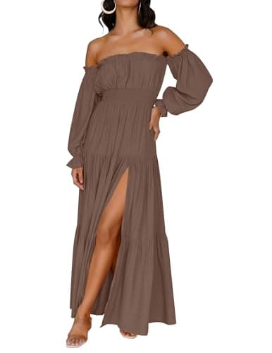 ZESICA Women's 2024 Boho Sexy Off Shoulder Long Sleeve Smocked High Waist Side Split Flowy A Line Tiered Long Maxi Dress,Coffee,Large