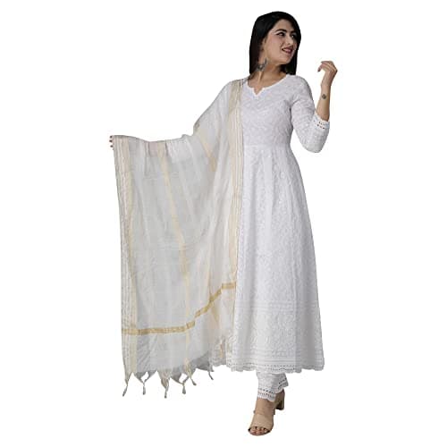 JG JAI GOVINDAM Chikankari Cotton Anarkali Indian Kurti For Women Summer Dress Kurta Pant With Dupatta Set Pakistani Long Kurta-(XL) White