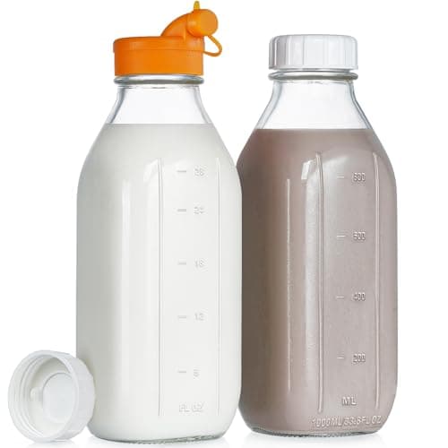 Dwbligt 32 oz Reusable Glass Milk Bottles with Silicone Dispenser Cap, 2 Pack Glass Jars with Airtight Screw Lid, Leak Proof Glass Juice Bottles with Scale Mark Breastmilk Storage Container for Fridge