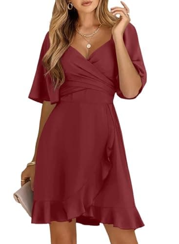 Dokotoo Womens Summer Wrap V Neck Short Flared Sleeve Smocked Elastic Waist Tiered Belted Ruffle Hem Mini Dress Ruby M