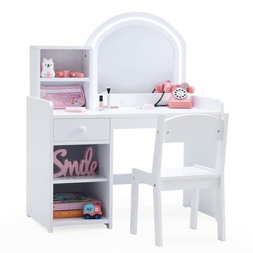 BXKX Kids Vanity with Lights, Princess Vanity Set with Drawer and Storage Shelves, 2 in 1 Toddler Makeup Vanity with Lighted Mirror, Girls Vanity Set with Stool for Little Girls (White)