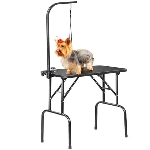 Yaheetech 32-inch Foldable Pet Dog Grooming Table with Adjustable Height Arm Drying Table for Home w/Noose for Small Dogs Cats Non-Slip Maximum Capacity Up to 220lbs Black