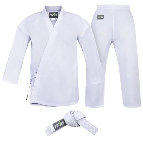 POZTEV Karate Uniform for Kids & Adults Lightweight Student Gi Pants and Jackets for Martial Arts Taekwondo Uniform With Free Belt (6), White