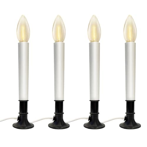 4 Pack Electric Christmas Window Candle Lamp, Nickel Brass Plated Base Christmas Candle Lamps with C26 LED Bulbs, Dusk-to-Dawn Auto Sensor, 5 Foot White Cord Plug in Ready to Use