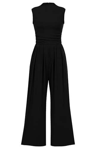 PRETTYGARDEN Womens Summer Jumpsuits Dressy Casual One Piece Outfits Sleeveless Mock Neck Wide Leg Pants Rompers with Pockets (Black,Medium)