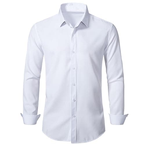 BEILU Stretch Mens Slim Fit Dress Shirts Formal Long Sleeve Button Down Shirts White Medium