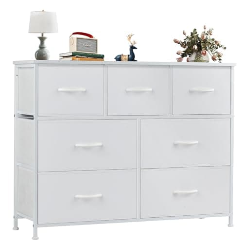 OLIXIS Dresser for Bedroom, 7 Storage Drawers, Wide Fabric Closet Chests Organizer Tower Furniture, TV Stand with Wooden Top Metal Frame for Clothes, Living Room, Hallway, Entryway, Classic White