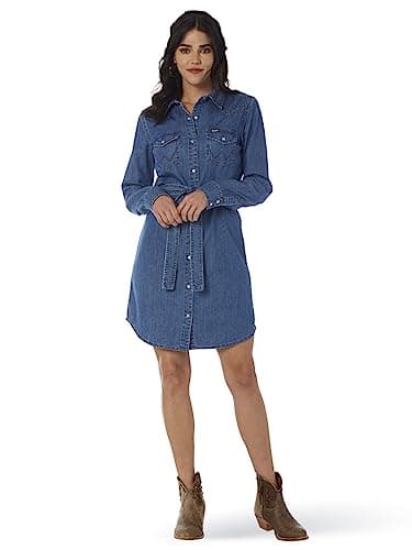 Wrangler Women's Retro Long Sleeve Western Snap Dress, Mid Denim, X-Large